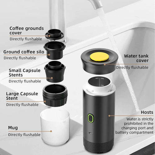 Mandotos wireless electric portable espresso coffee machine for car, home, and camping, 3-in-1 capsule and powder travel coffee maker