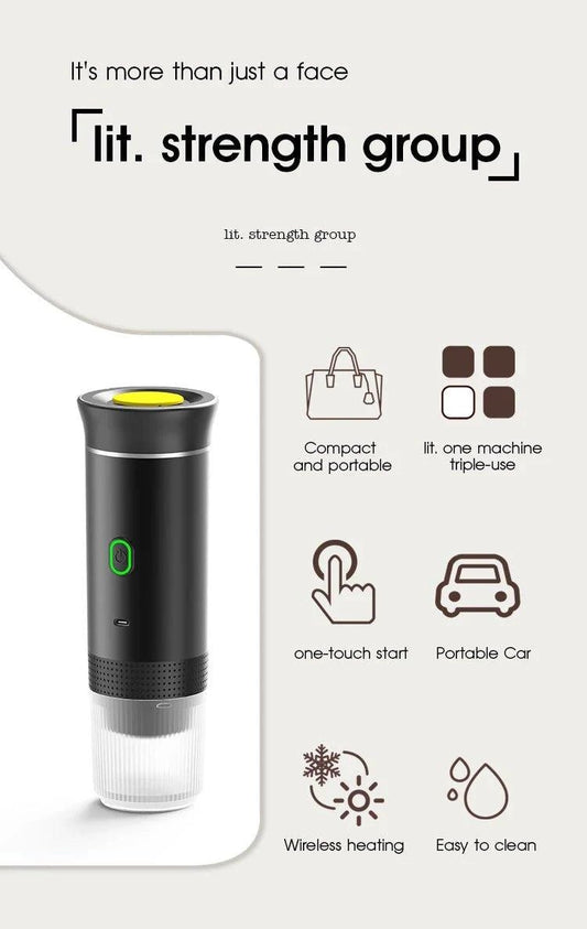 Mandotos wireless electric portable espresso coffee machine for car, home, and camping; 3-in-1 capsule and powder travel coffee maker