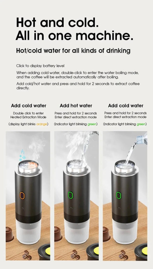 Mandotos wireless electric portable espresso coffee machine for car, home, and camping, compatible with capsule and powder coffee.