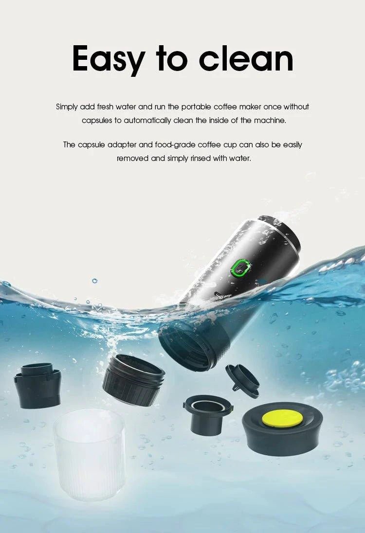 Mandotos wireless electric portable espresso coffee machine for car, home, and camping; 3-in-1 capsule and powder travel coffee maker.