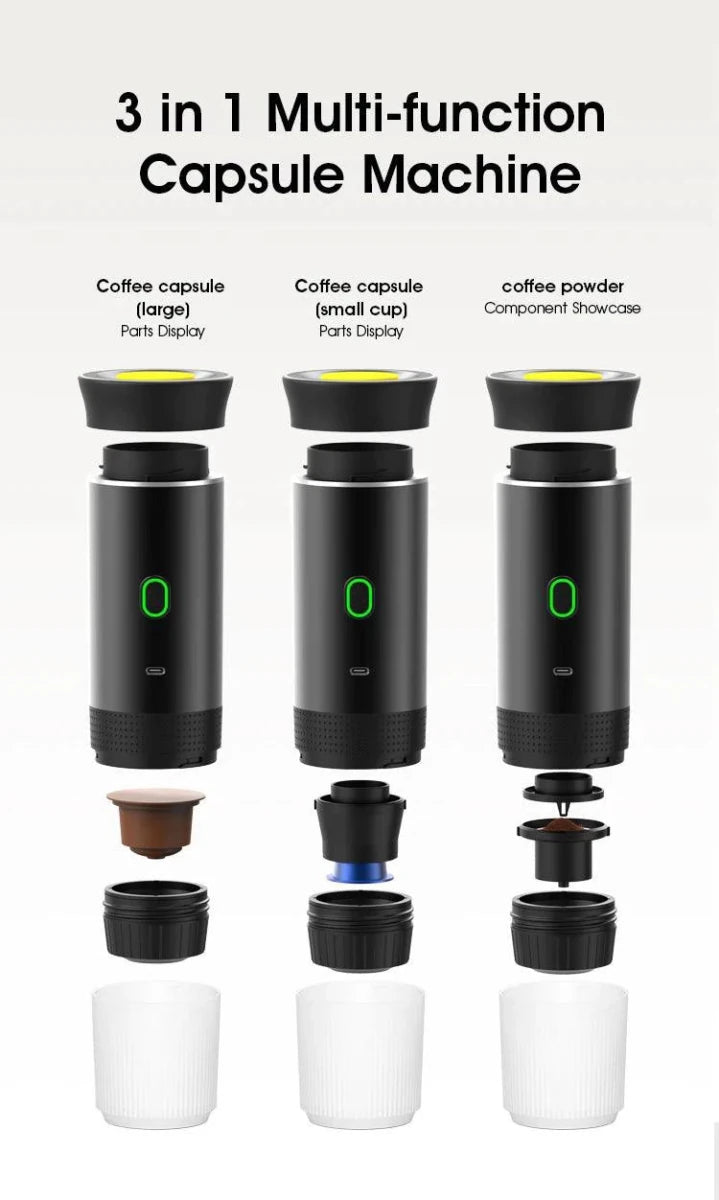Mandotos wireless electric portable espresso coffee machine for car, home, and camping, with capsule and powder options for travel.