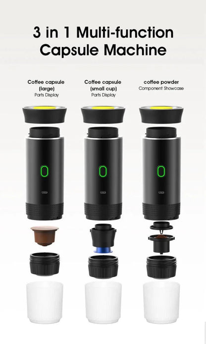 Mandotos wireless electric portable espresso coffee machine for car, home, and camping, with capsule and powder options for travel.