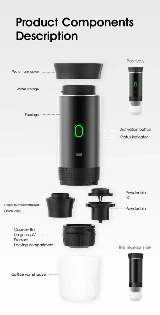 Mandotos wireless portable espresso coffee machine for car, home, and camping, 3-in-1 capsule and powder travel coffee maker.