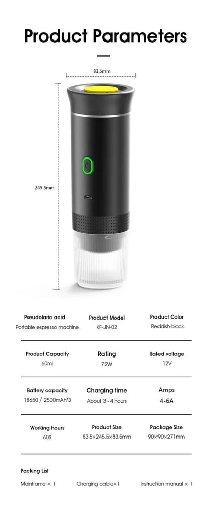 Mandotos wireless portable electric espresso coffee machine for car, home, and camping, 3-in-1 capsule and powder travel coffee maker