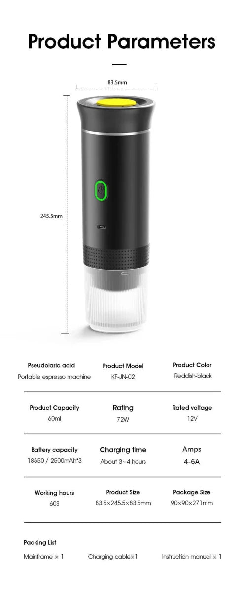 Mandotos wireless portable electric espresso coffee machine for car, home, and camping, 3-in-1 capsule and powder travel coffee maker