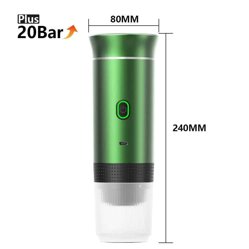 Mandotos wireless electric portable espresso coffee machine for car, home, and camping; 3-in-1 capsule, powder, travel coffee maker.