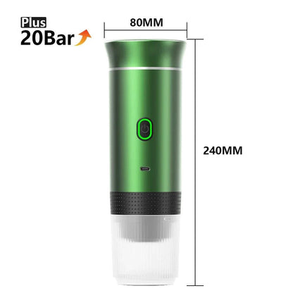Mandotos wireless electric portable espresso coffee machine for car, home, and camping; 3-in-1 capsule, powder, travel coffee maker.