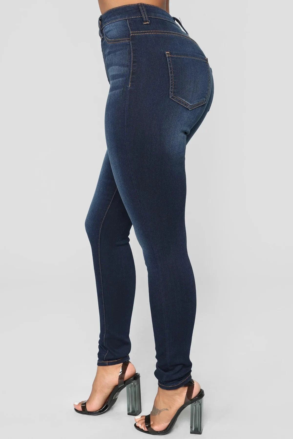 Women’s high waist stretch denim skinny jeans by MANDOTOS, full length solid color pants with a flattering hip lift design.