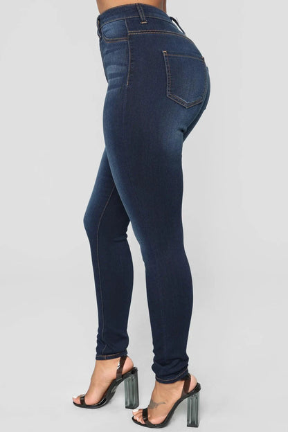 Women’s high waist stretch denim skinny jeans by MANDOTOS, full length solid color pants with a flattering hip lift design.