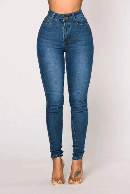 Mandotos women’s high waist stretch denim skinny jeans with full length, solid color, and hip lift design on a model.