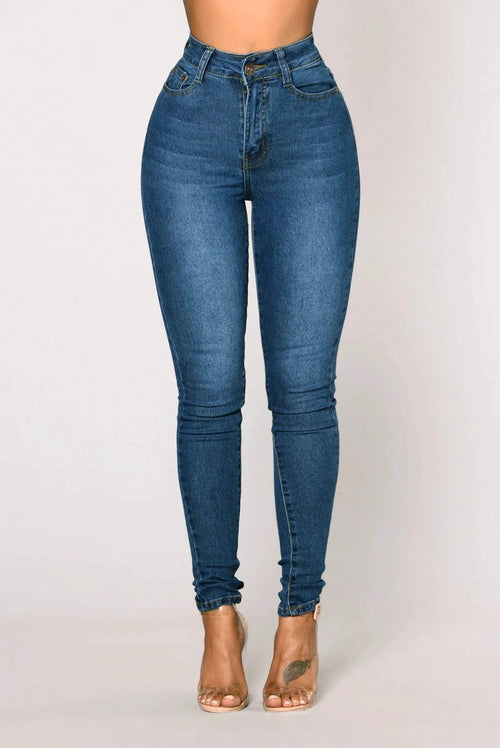 Mandotos women’s high waist stretch denim skinny jeans with full length, solid color, and hip lift design on a model.