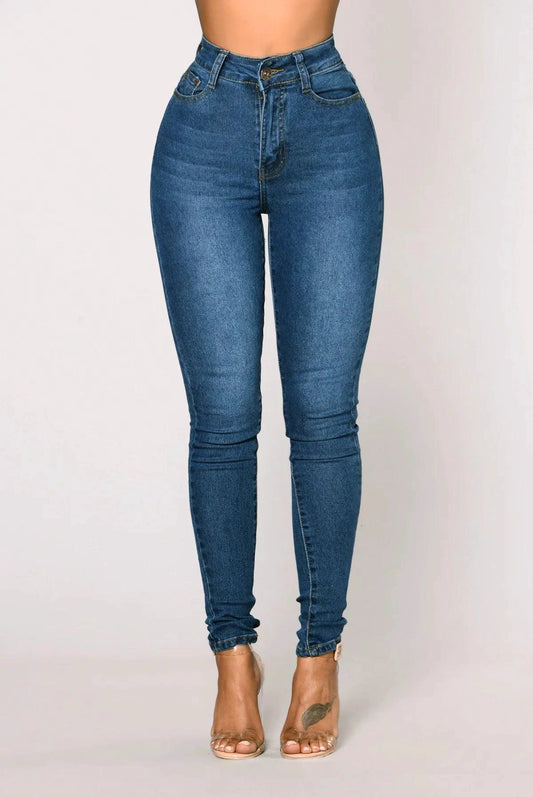 Mandotos women’s high waist stretch denim skinny jeans with full length, solid color, and hip lift design on a model.
