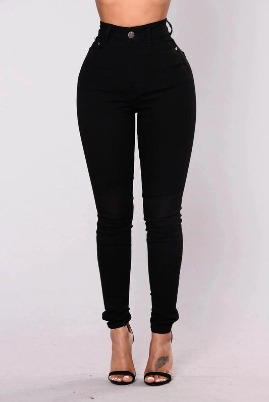 Mandotos women's high waist stretch denim skinny jeans with hip lift design, full length, solid color, slim fit, bleach effect.