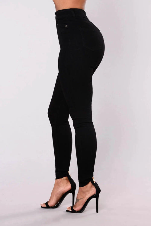 Women’s high waist stretch denim skinny jeans by MANDOTOS, full-length, solid color, with a slimming hip lift design.