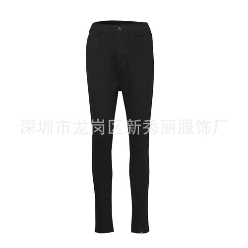 Mandotos women high waist stretch denim skinny jeans showing full-length, solid color, slim fit with hip lift design.