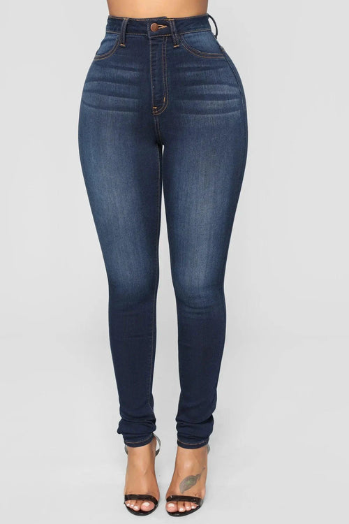 Mandotos women's high waist stretch denim skinny jeans with hip lift design, full length, solid color, slim fit, and bleach effect.