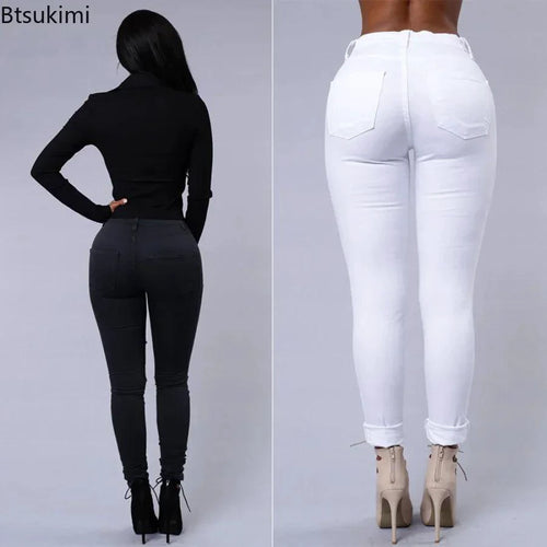 Women's stretch skinny ripped denim jeans by MANDOTOS, high waist, washed denim, casual Y2K style, tapered fit, casual trousers