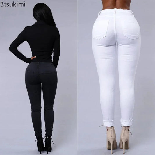 Women's stretch skinny ripped denim jeans by MANDOTOS, high waist, washed denim, casual Y2K style, tapered fit, casual trousers