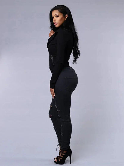 Mandotos women's high waist stretch skinny ripped washed denim jeans with holes, casual Y2K style, suitable for women.