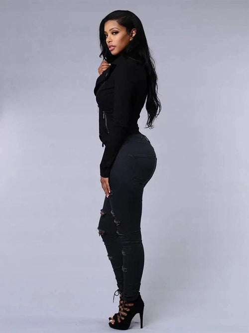 Mandotos women's high waist stretch skinny ripped washed denim jeans with holes, casual Y2K style, suitable for women.