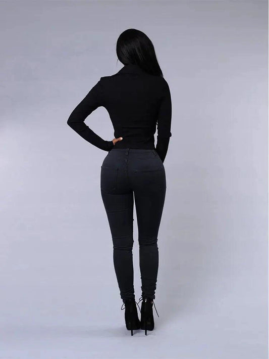 Mandotos women's high waist stretch skinny ripped denim jeans with washed finish, casual Y2K-style pencil pants for women.