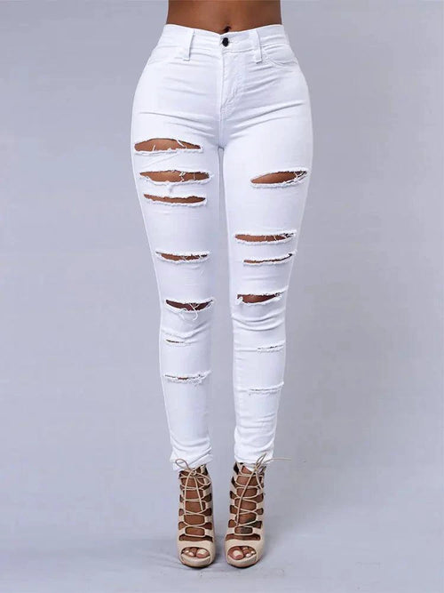 Mandotos women's high-waist stretch skinny ripped washed denim jeans, casual Y2K style with holes and tapered fit.