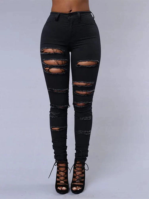 Mandotos women's high waist stretch skinny ripped denim jeans with washed finish, casual Y2K style, slim fit, and distressed details.