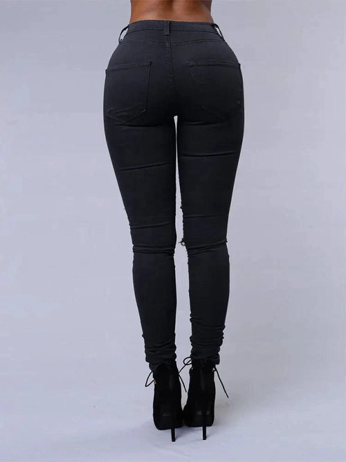 Mandotos women's high waist skinny ripped washed denim jeans, casual Y2K style with distressed holes and stretch fit.