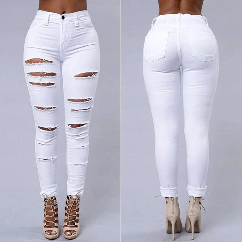 Mandotos women's high waist skinny ripped washed denim jeans, casual Y2K style, with distressed holes and a fitted pencil silhouette.