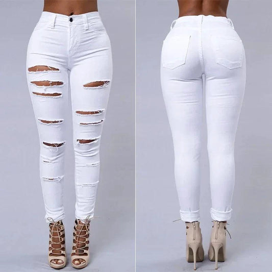 Mandotos women's high waist skinny ripped washed denim jeans, casual Y2K style, with distressed holes and a fitted pencil silhouette.