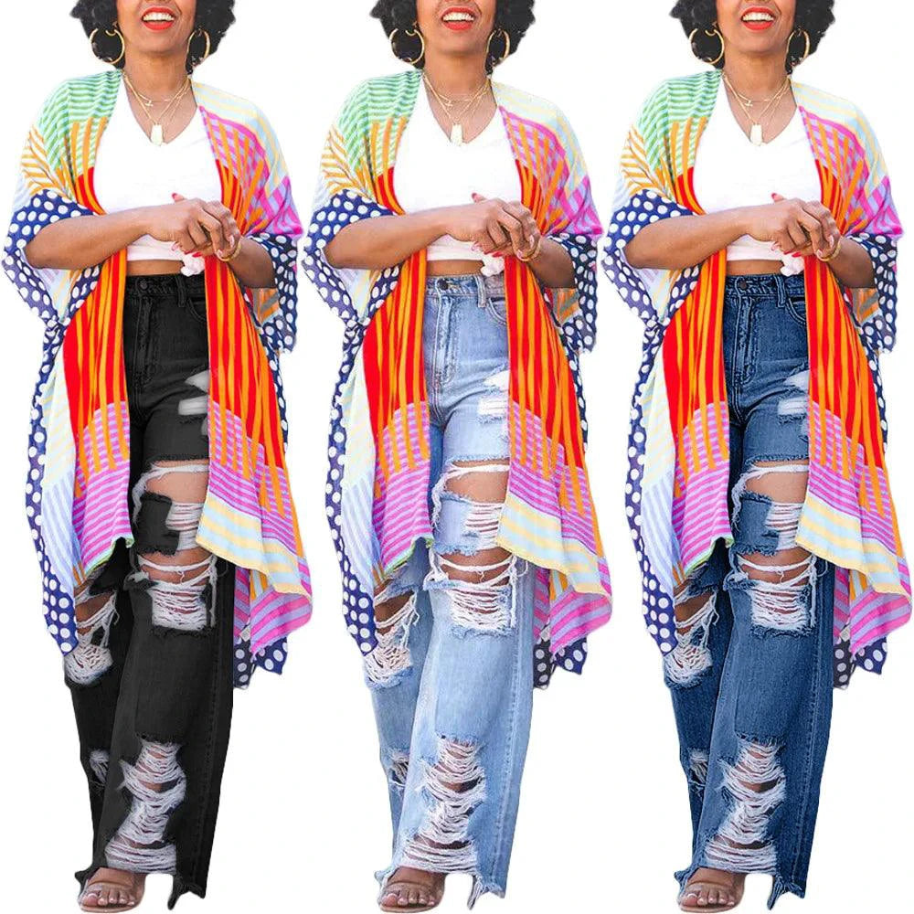 Mandotos Burnt Flower high waist jeans for women, trendy casual denim trousers with floral print, perfect for spring and summer.