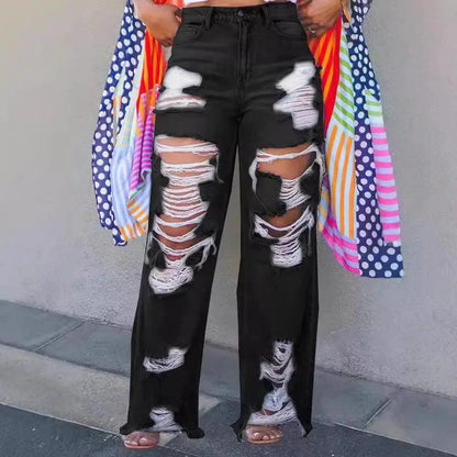 Mandotos Burnt Flower high waist jeans for women, casual denim trousers with floral design, perfect for spring and summer.