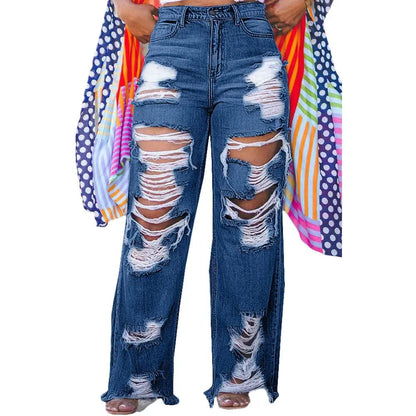 Mandotos burnt flower high waist women's jeans, casual denim trousers with floral pattern, perfect for spring and summer wear.