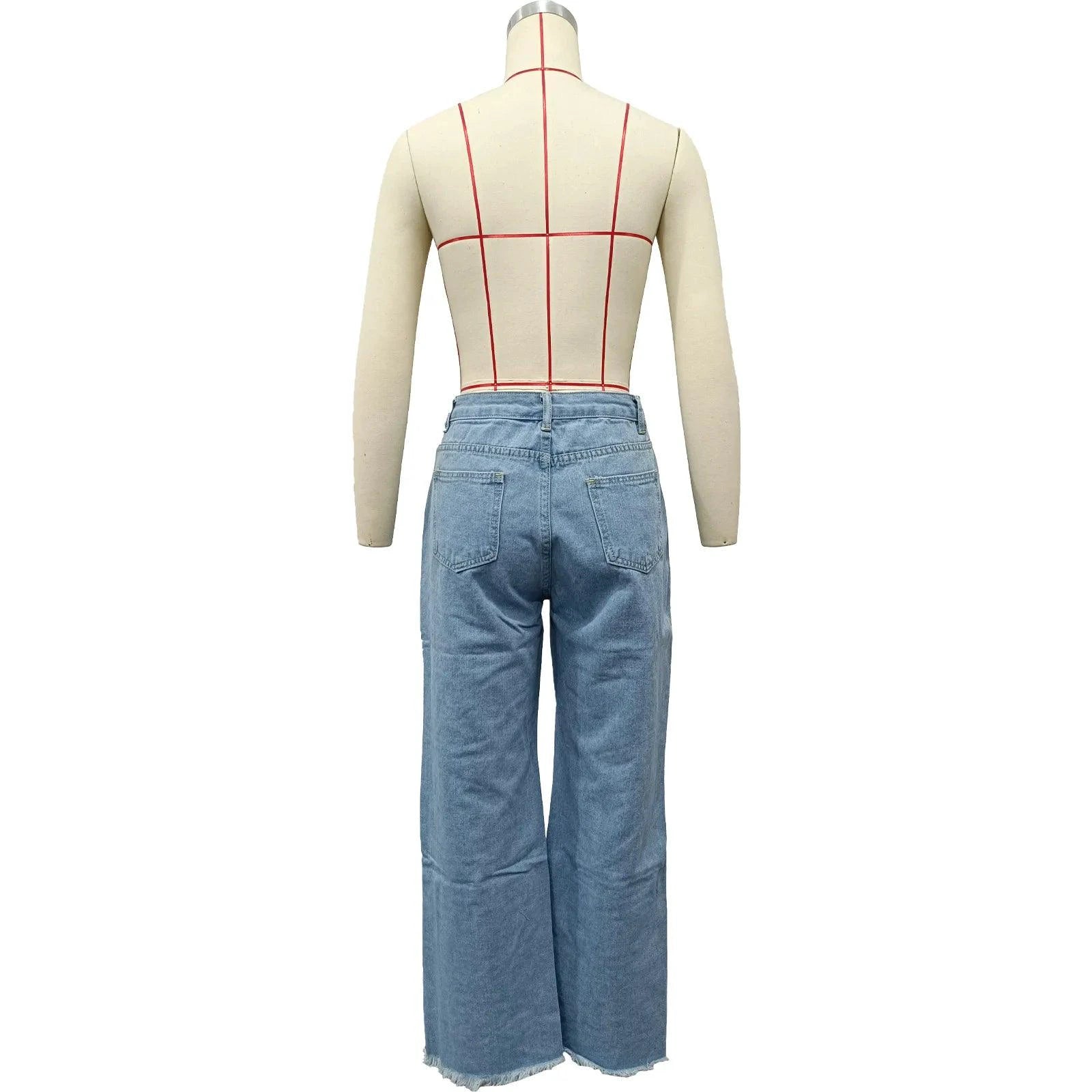 Mandotos burnt flower high waist women's jeans, trendy casual denim trousers for spring and summer wear.