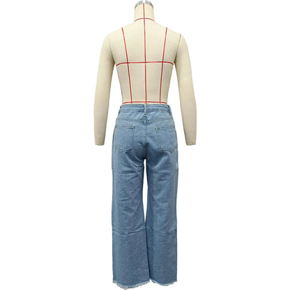 Mandotos burnt flower high waist women's jeans, trendy casual denim trousers for spring and summer wear.