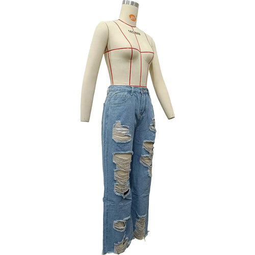 Mandotos women's burnt flower high waist jeans with trendy casual denim style, perfect for spring and summer.