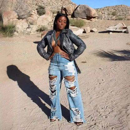 Mandotos women's high-waist slim-fit denim jeans with splice design, button pockets, and straight leg style for summer 2024.