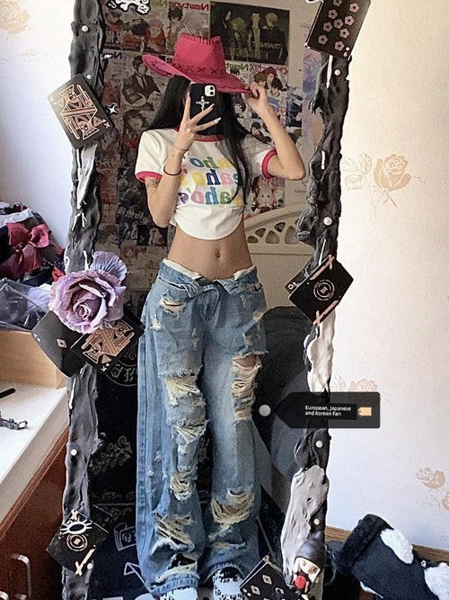 Plus size ripped denim women's pants by MANDOTOS with high waist and wide-leg, perfect for summer retro street style.