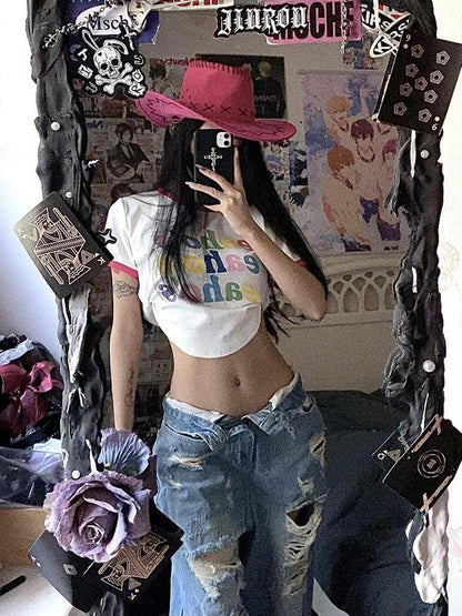 Plus size ripped denim wide-leg pants for women, high waist, straight-leg style, summer retro, by MANDOTOS.