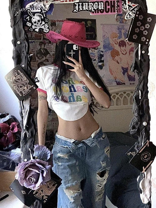 Plus size ripped denim wide-leg pants for women, high waist, straight-leg style, summer retro, by MANDOTOS.
