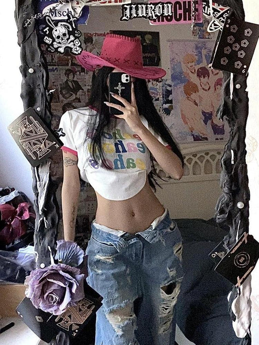 Plus size ripped denim wide-leg pants for women, high waist, straight-leg style, summer retro, by MANDOTOS.