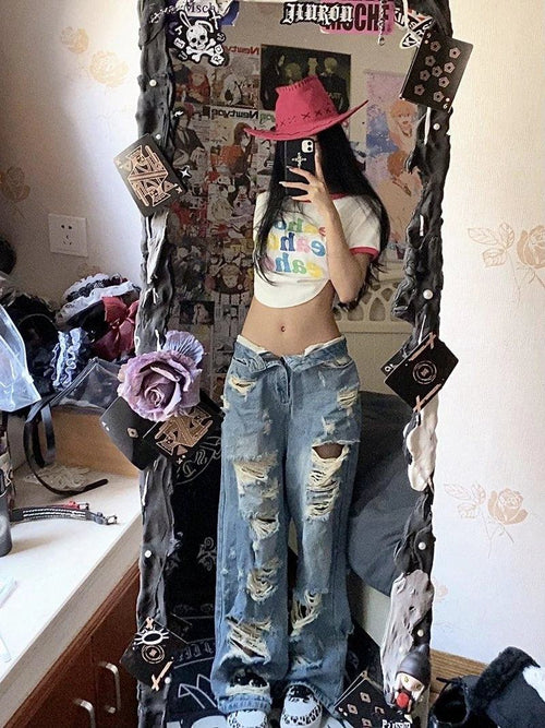 Plus size American high street ripped denim women's summer wide-leg straight-leg pants by MANDOTOS, high waist, retro style, loose fit.