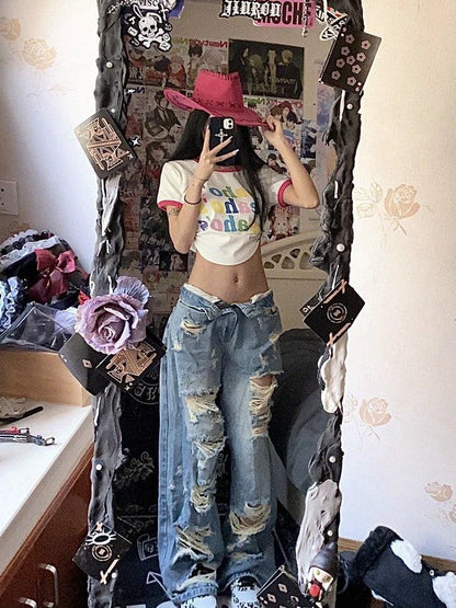 Plus size American high street wide leg ripped denim women's summer retro high waist straight-leg loose mop pants by MANDOTOS.