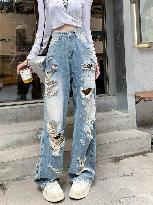 Plus size high waist straight-leg denim pants for women by MANDOTOS with American hole detailing, casual and comfortable fit.