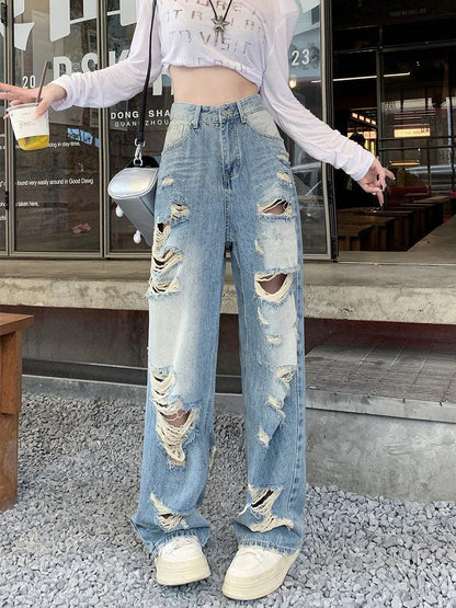 Plus size American Hole high waist straight-leg denim pants for women by MANDOTOS, showcasing fit and stylish design.