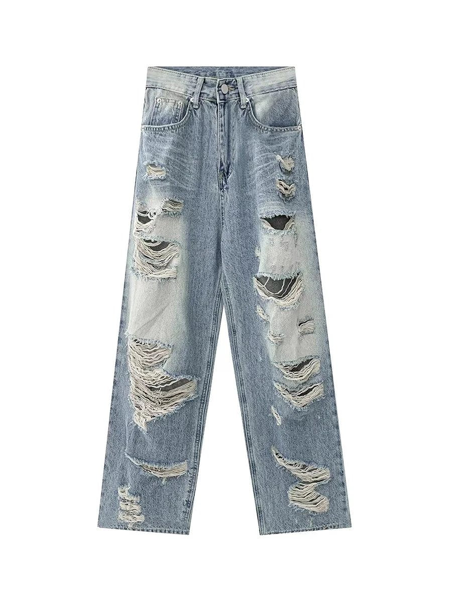 Plus size American Hole high waist straight-leg denim pants for women by MANDOTOS, showcasing stylish denim with distressed details.