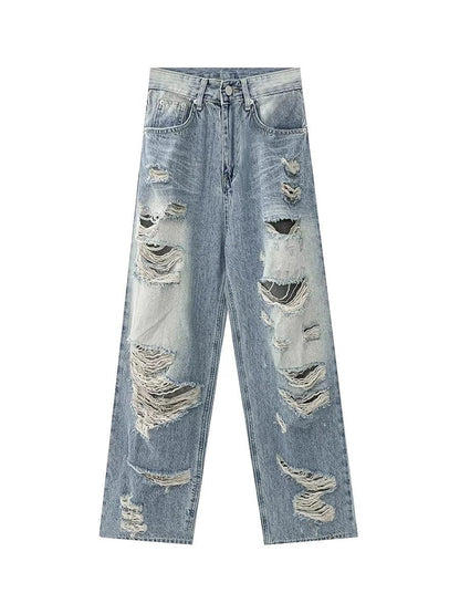Plus size American Hole high waist straight-leg denim pants for women by MANDOTOS, showcasing stylish denim with distressed details.