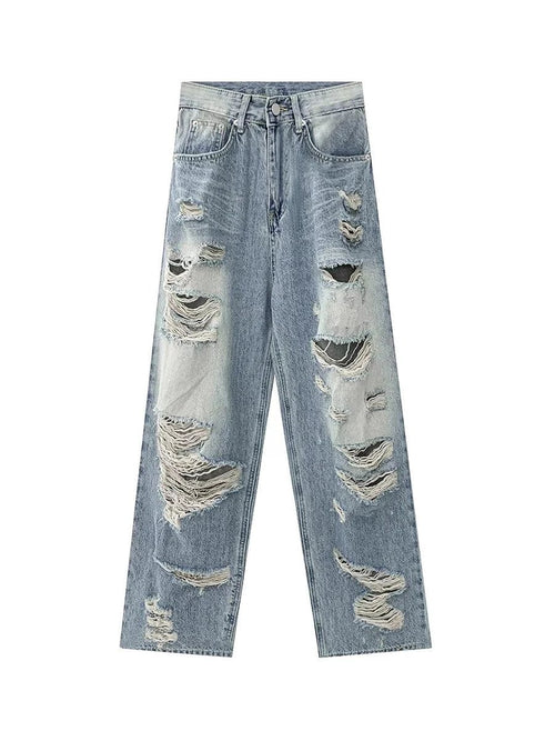 Plus size American Hole high waist straight-leg denim pants for women by MANDOTOS, showcasing stylish denim with distressed details.
