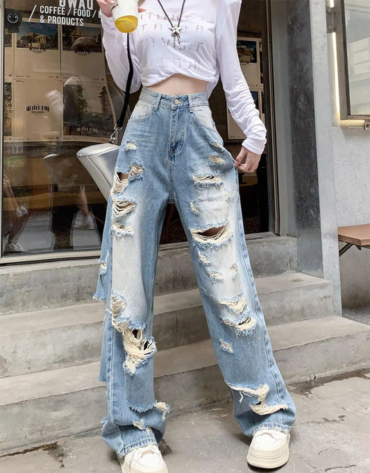 Plus size American Hole high waist straight-leg denim women's pants by MANDOTOS, showcasing fit and stylish design.