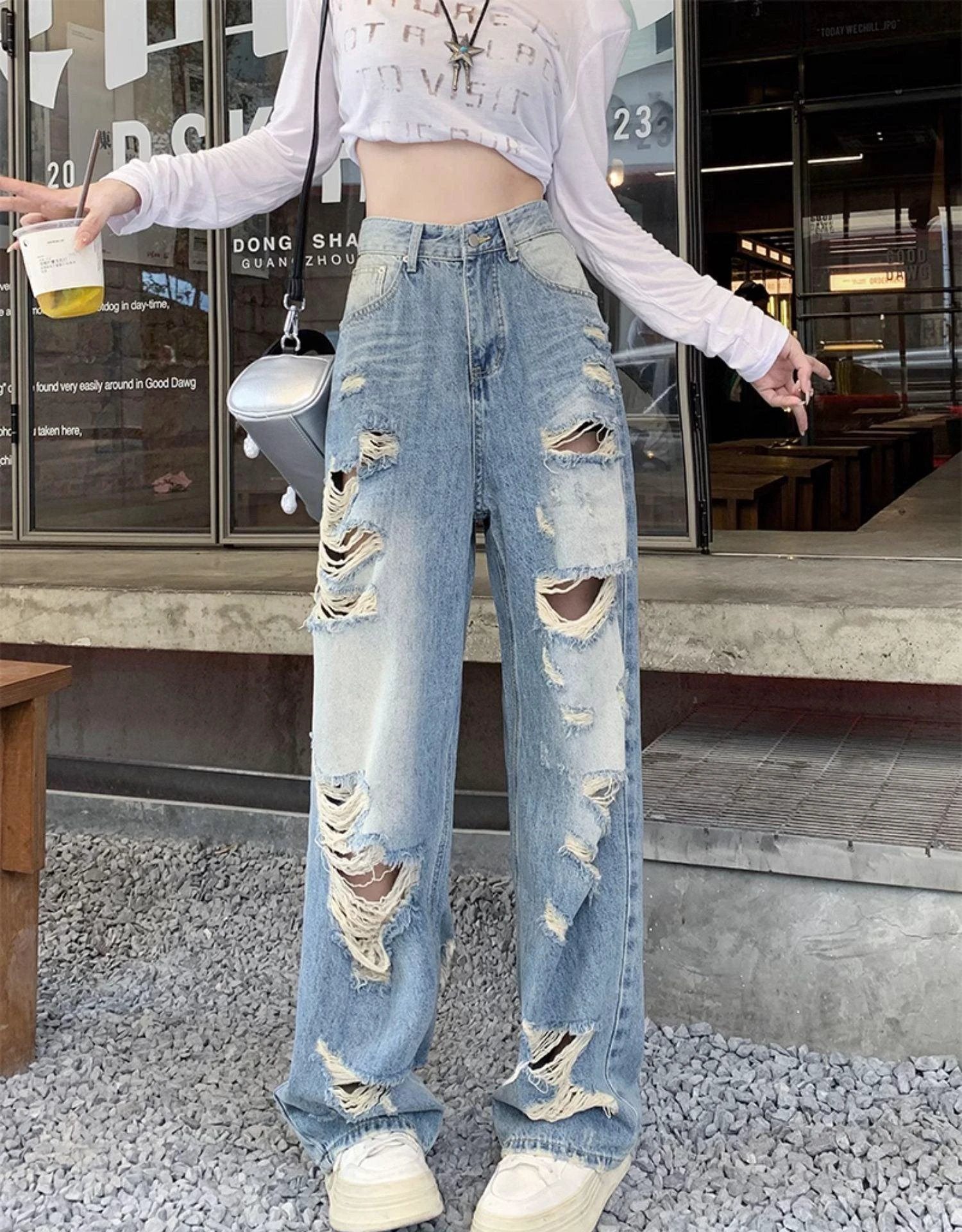 Plus size high waist straight-leg denim pants for women by MANDOTOS featuring American hole design and comfortable fit.